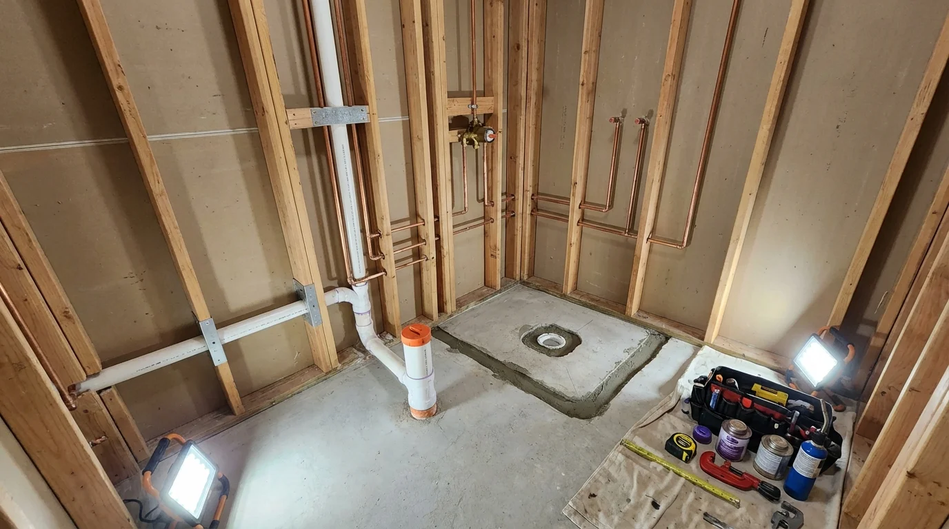 Bathroom rough-in plumbing during remodel by Johns Plumbing LLC in Waldo
