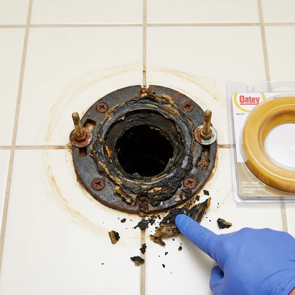 Failed wax ring showing water seepage at the base of a toilet in a Waldo, AR home