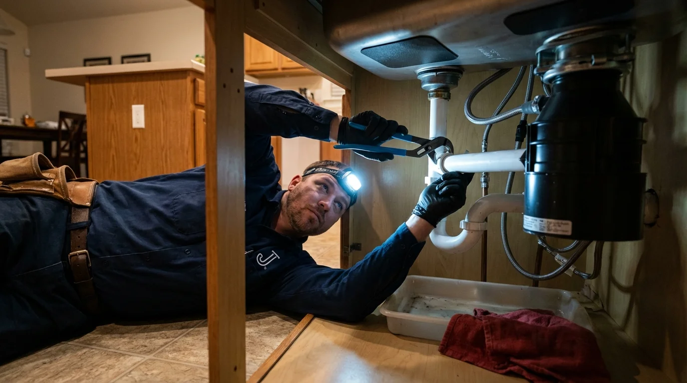 P-trap and supply line connections under a kitchen sink showing a common leak point in Waldo, AR